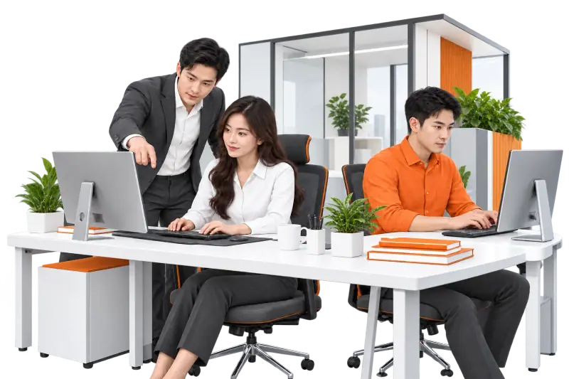 Minh họa văn phòng công nghệ chuyên nghiệp với hai nam và một nữ: một nam hướng dẫn nữ tại màn hình, nam còn lại làm việc trên máy tính riêng